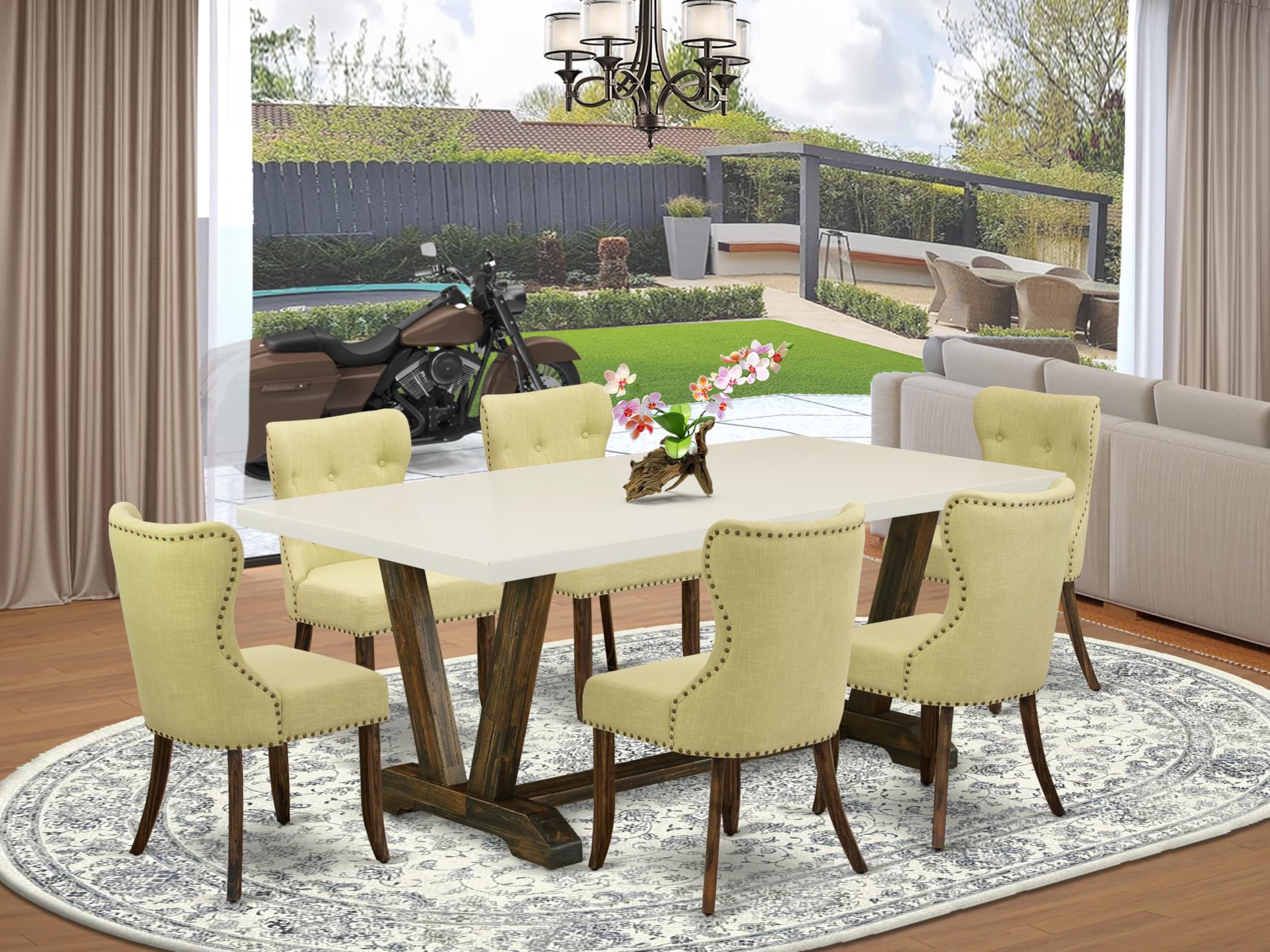 East West Furniture V727Si737-7 7 Piece Dining Room Furniture Set Consist Of A Rectangle Dining Table With V-Legs And 6 Limelight Linen Fabric Parsons Chairs, 40X72 Inch, Multi-Color